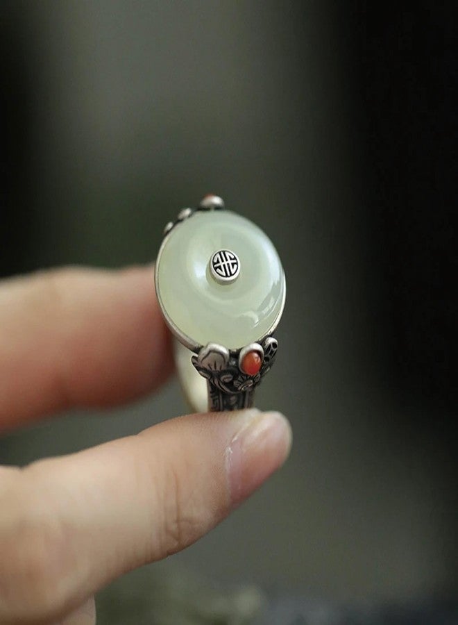 vinsiora Chinese Vintage Jade And Silver Ring With Ornate Detailing Design, a Hanfu Accessory Featuring An Open Design That Is Adjustable In Size (Jade Ring) - Image 5